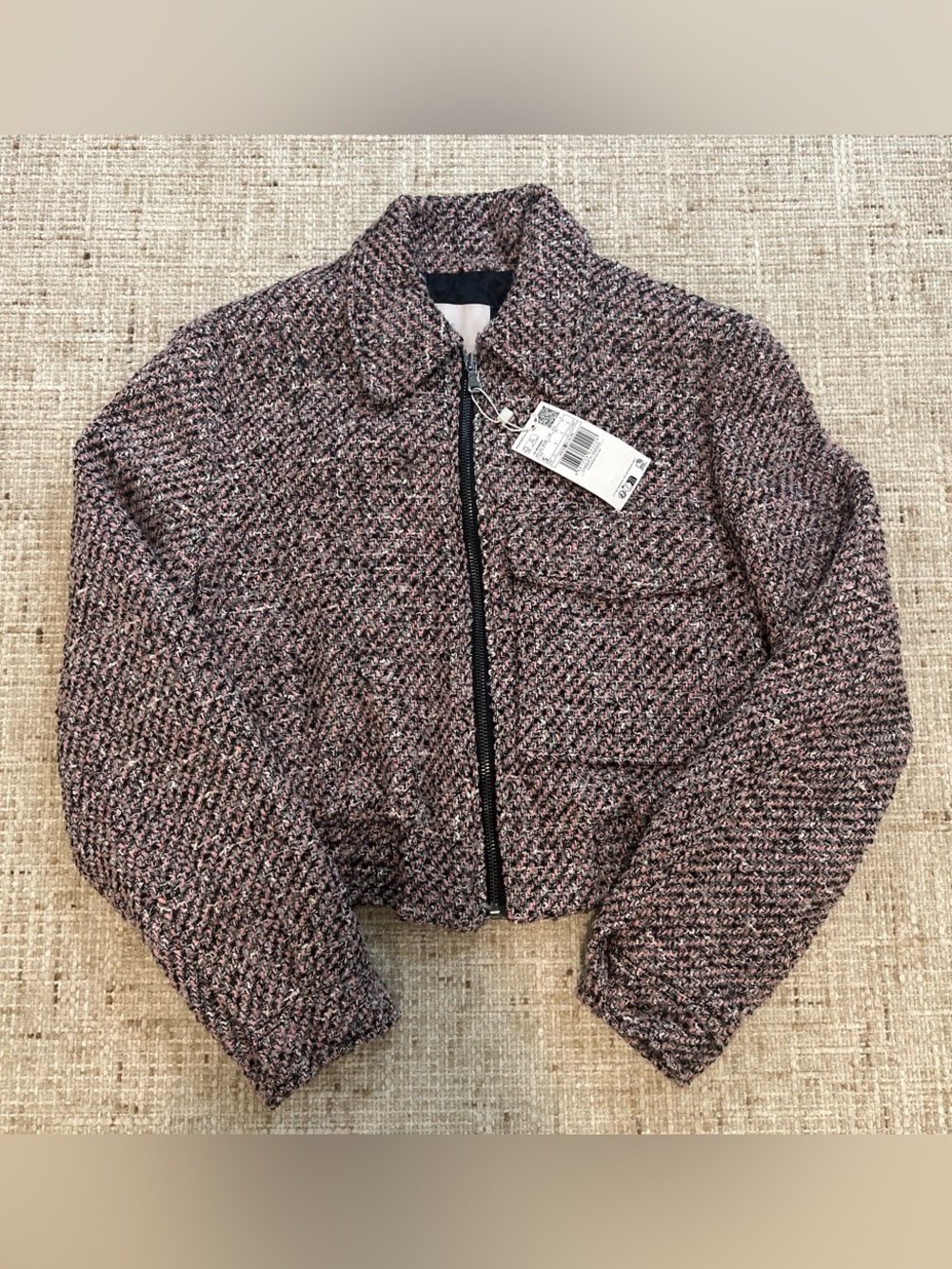 Mango Cropped Tweed Zip-Front Jacket in Heathered Mauve